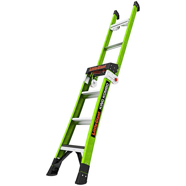 A green Little Giant King Kombo industrial ladder with black handles.