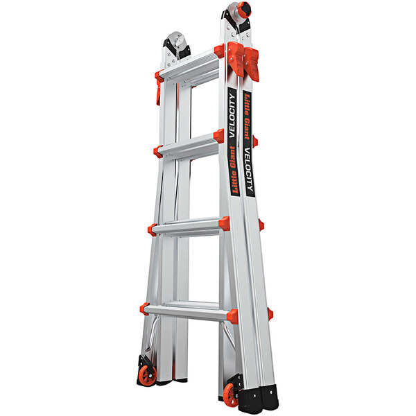 A Little Giant aluminum articulated extendable ladder with red and white letters on it.