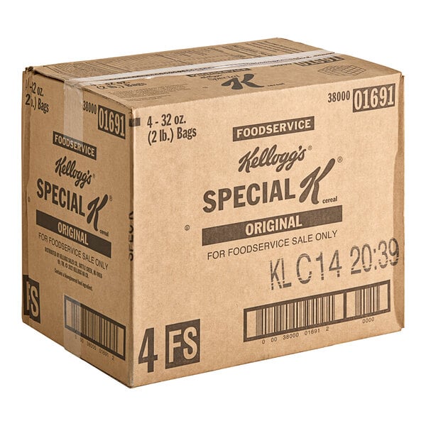 A close-up of a case of Kellogg's Special K cereal with black text on the box.