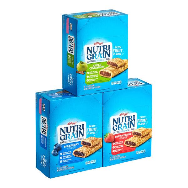 A stack of blue boxes of Nutri-Grain cereal bars on a white background.