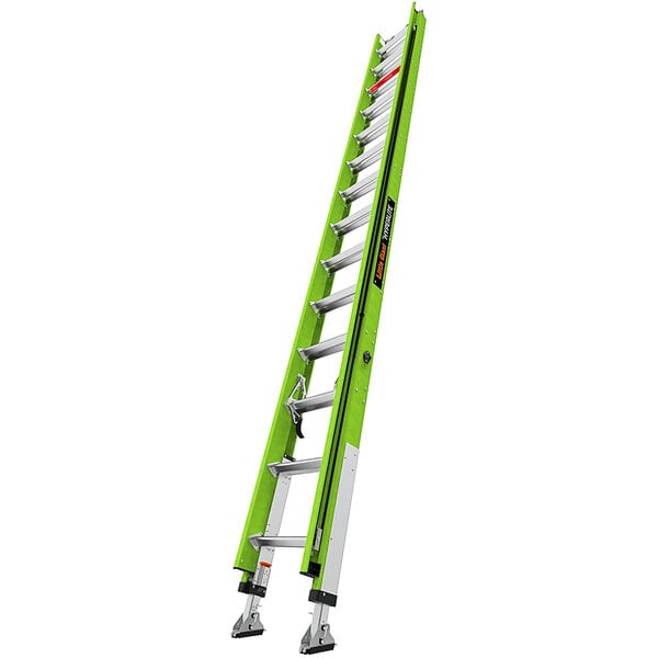 A green Little Giant extension ladder with silver ratchet levelers.