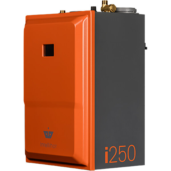 The Intellihot I250 i Series tankless gas water heater in an orange and grey rectangular box.