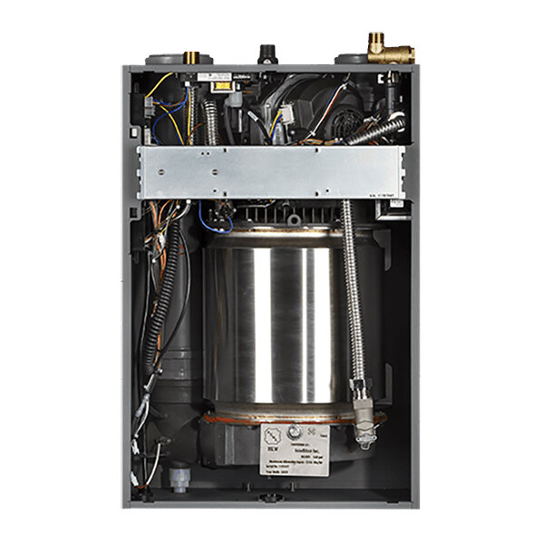 The inside of an Intellihot I250 i Series Tankless Gas Water Heater with a metal cylinder.