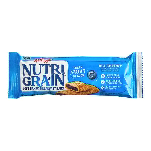 A close up of a Nutri-Grain Blueberry cereal bar in a blue wrapper.