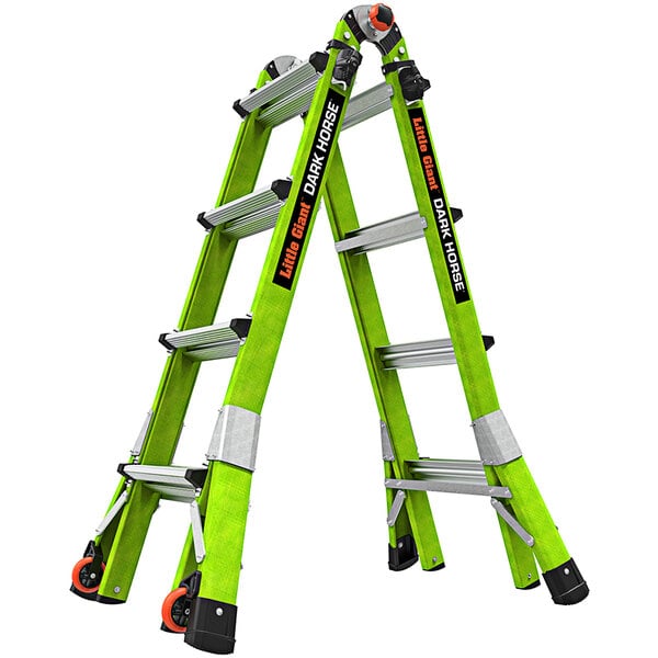 A Little Giant green and orange fiberglass ladder with black text on it.