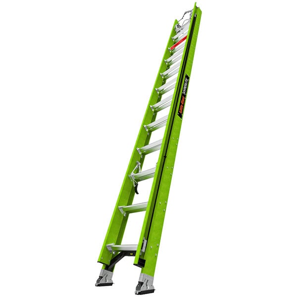 A green Little Giant extension ladder with cable hooks, claw, and V-bar.