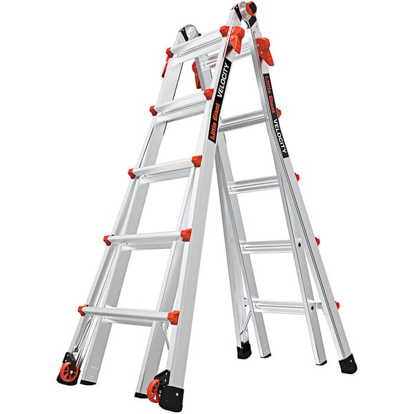 A Little Giant aluminum articulated extendable ladder with orange handles.