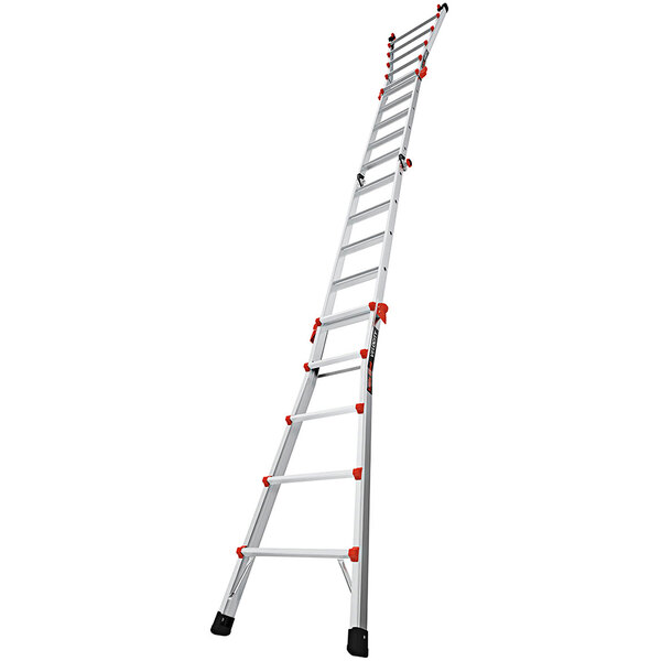 A Little Giant aluminum articulated extendable ladder with red and white accents.