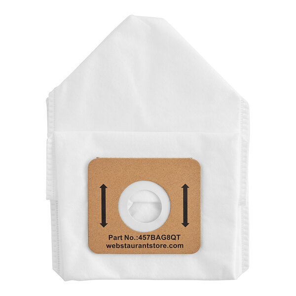 A white Lavex vacuum bag with a brown label.