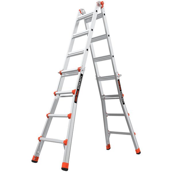A pair of Little Giant aluminum ladders with orange handles.