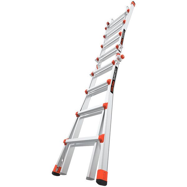 A Little Giant industrial ladder with orange and black handles.