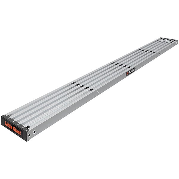 A Little Giant aluminum plank for ladders with black stripes.