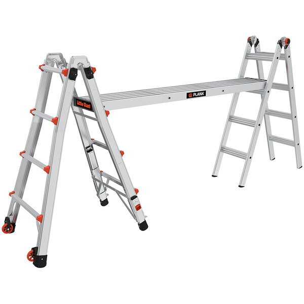 A Little Giant aluminum ladder plank with red and white accents and two orange handles.
