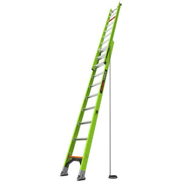 A green Little Giant fiberglass extension ladder with black accents.