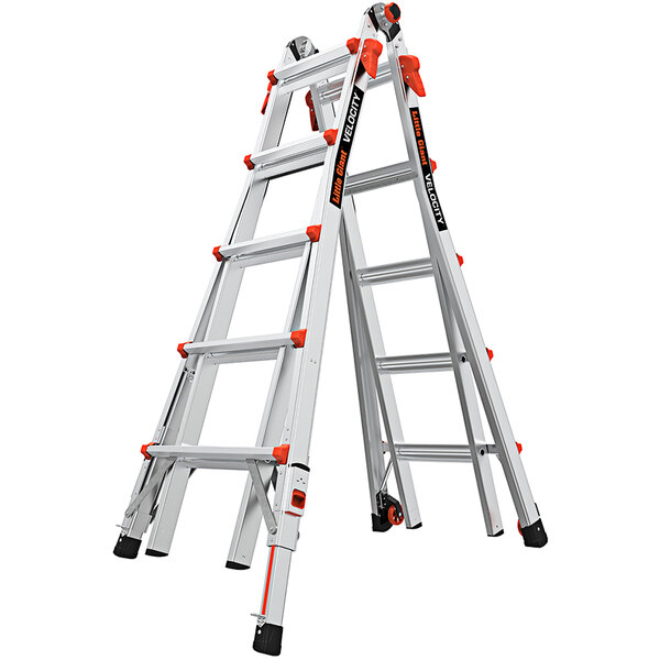 Two Little Giant aluminum ladders with wheels and ratchet levelers.