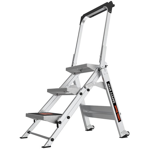 A white and black Little Giant aluminum step ladder with a handrail.