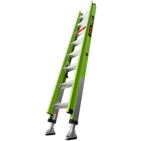 A green Little Giant extension ladder with silver V-bars.