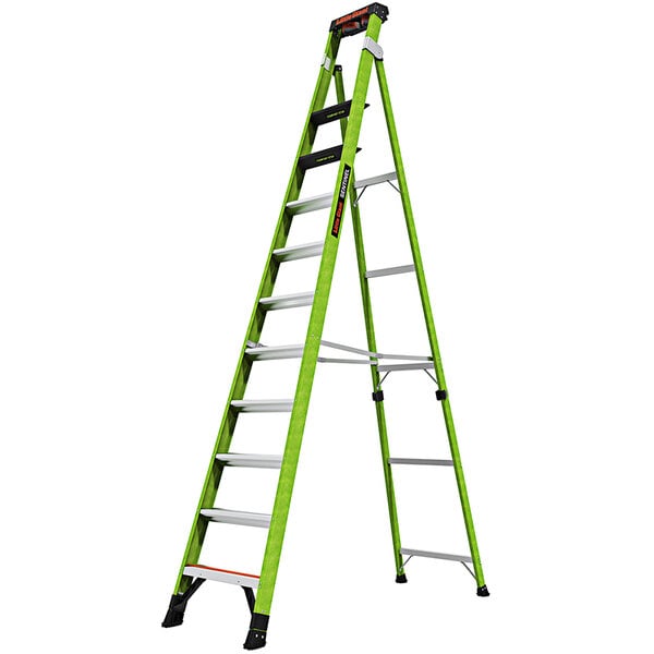 A green Little Giant fiberglass ladder with black handles.