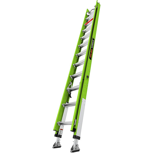 A green Little Giant extension ladder with silver ratchet levelers.