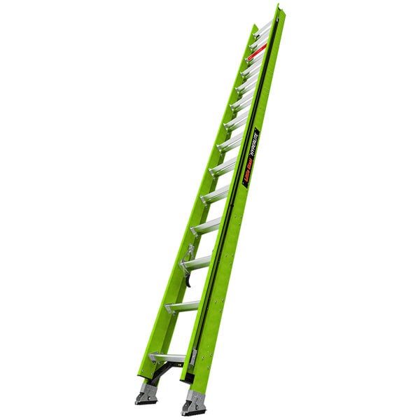 A green Little Giant extension ladder with cable hooks, claw, and pole strap.