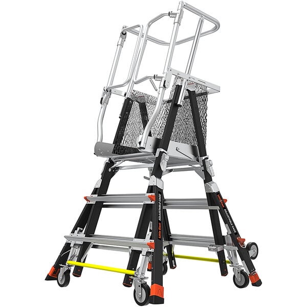 A Little Giant fiberglass safety cage ladder with wheels.