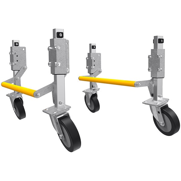 A row of yellow metal wheels with black rubber tires.
