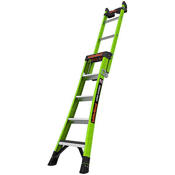 A green Little Giant King Kombo industrial ladder with black handles.