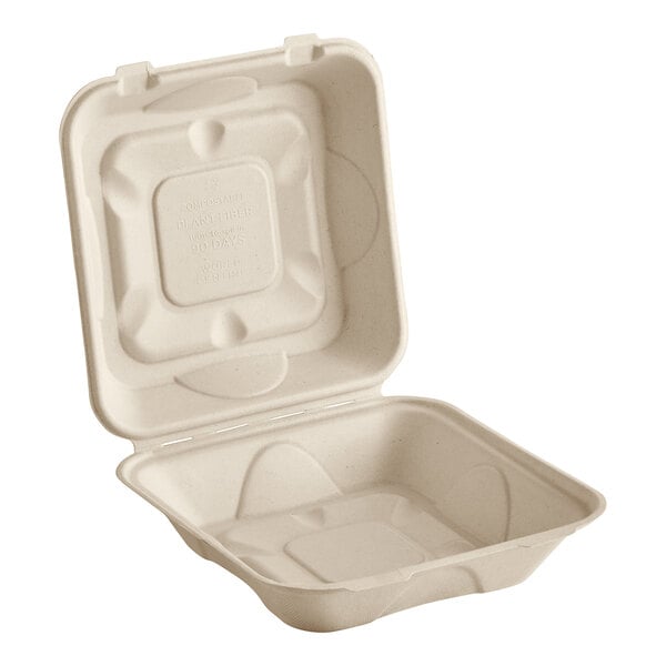 A World Centric compostable fiber takeout container with a lid.