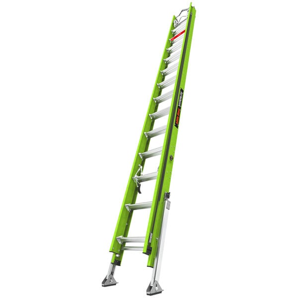 A green Little Giant fiberglass extension ladder with silver hardware.