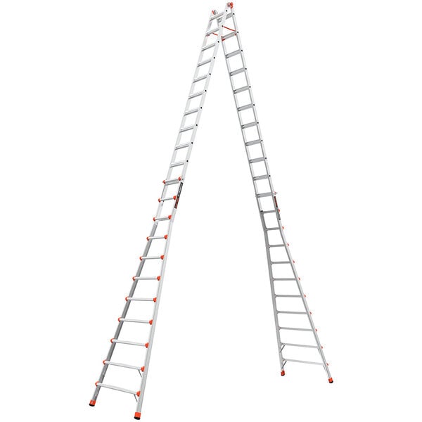 A pair of Little Giant aluminum industrial ladders with orange handles.