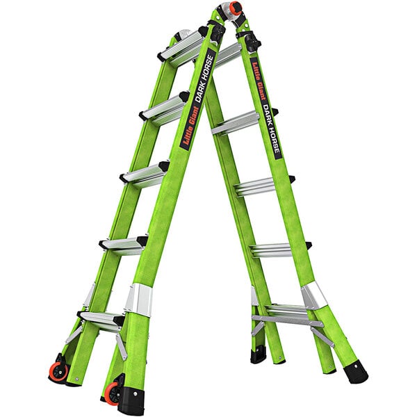 A green and black Little Giant Dark Horse 2.0 ladder with silver accents and black wheels.