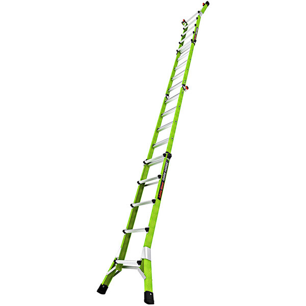 A green Little Giant ladder with black handles and black text.