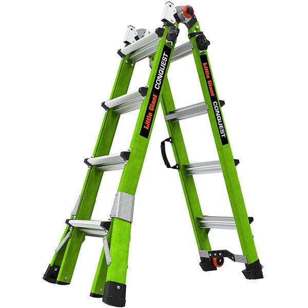 A green Little Giant Conquest 2.0 articulated ladder with black accents.