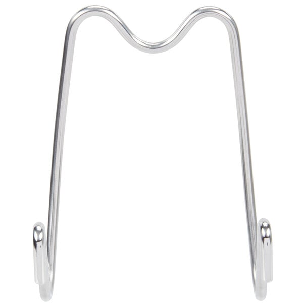 A silver metal hook with a curved design.