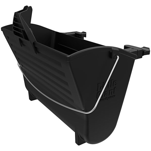A black plastic bucket with a wire handle.
