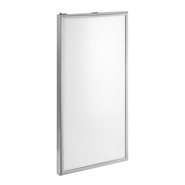A white rectangular metal door for MainStreet Equipment refrigeration.