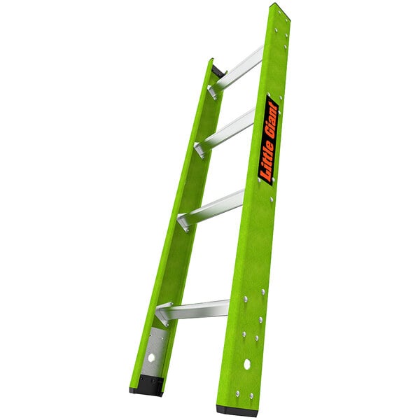 A green Little Giant fiberglass ladder with black trim and orange handles.