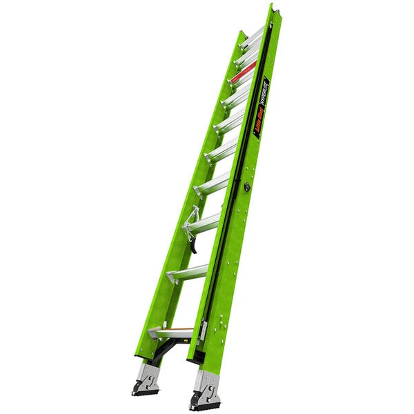 A green Little Giant fiberglass extension ladder with black handles.