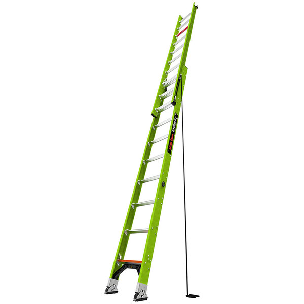 A green Little Giant HyperLite fiberglass extension ladder with black accents.