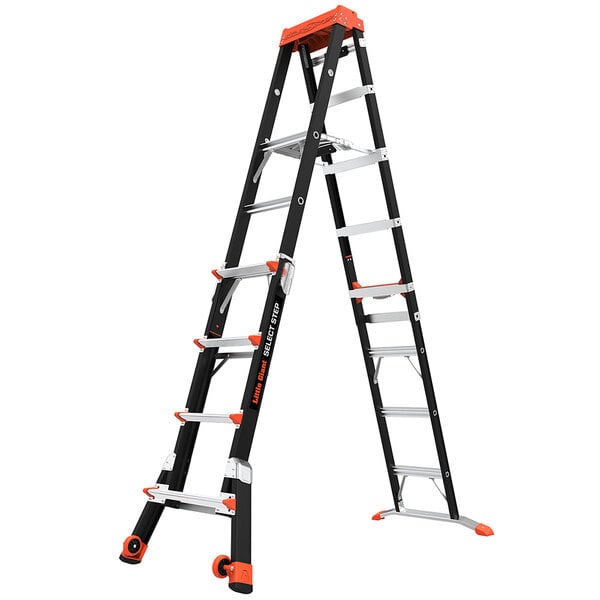 A black and orange Little Giant adjustable step ladder.