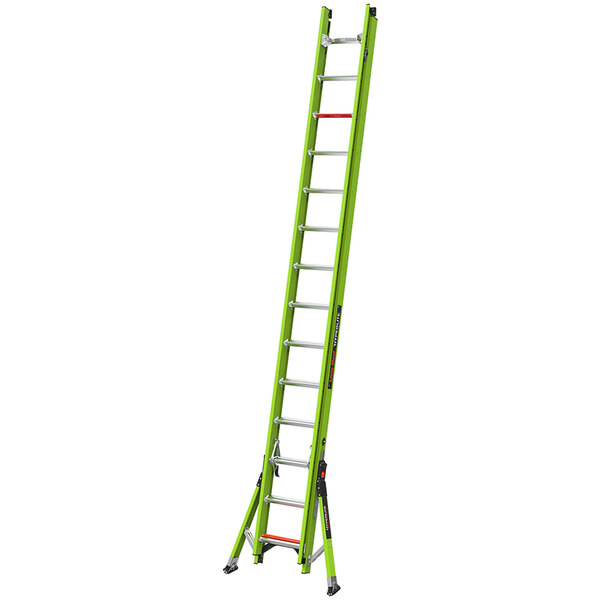 A green Little Giant HyperLite fiberglass extension ladder with silver ladders.