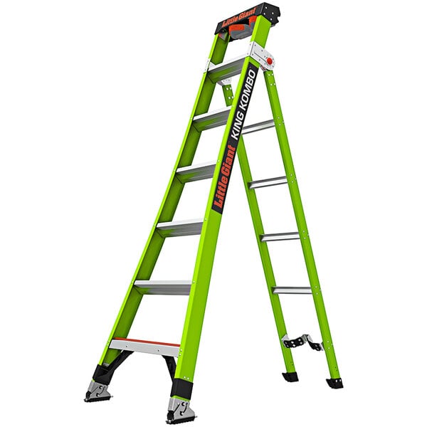 A green Little Giant King Kombo ladder with black and orange steps and black text.