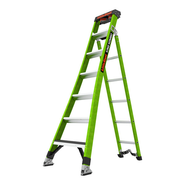 A green fiberglass 3-in-1 combination ladder with a Grip-N-Go hinge and a 375 lb. capacity.