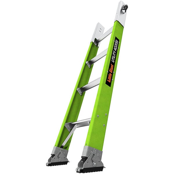 A green Little Giant fiberglass ladder base section with black and silver text.