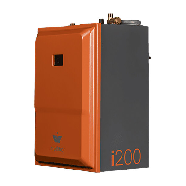 An orange and grey rectangular box for an Intellihot I200 i Series tankless gas water heater.
