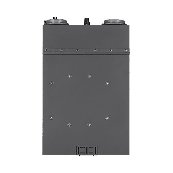 A grey rectangular metal box with two black buttons.