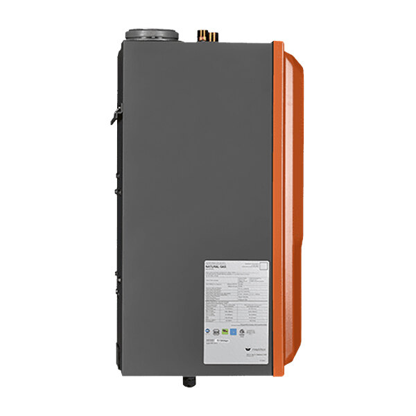 An orange and grey Intellihot I200 i Series tankless gas water heater.