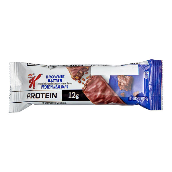 A Kellogg's Special K Brownie Batter Protein Meal Bar with chocolate drizzle on top.