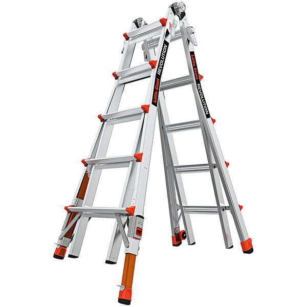 A Little Giant Revolution 2.0 aluminum ladder with orange and black handles and ratchet levelers.
