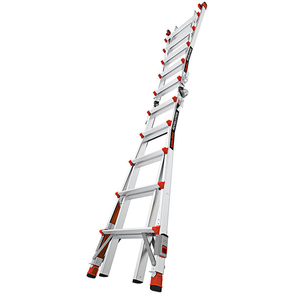 A white and orange Little Giant ladder with red and white accents.